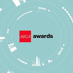 AIGA Awards logo lockup, AIGA letters in white inside a red square box followed by the word awards in lowercase black type against a light turquoise background with concentric white circles that resemble a camera lens.