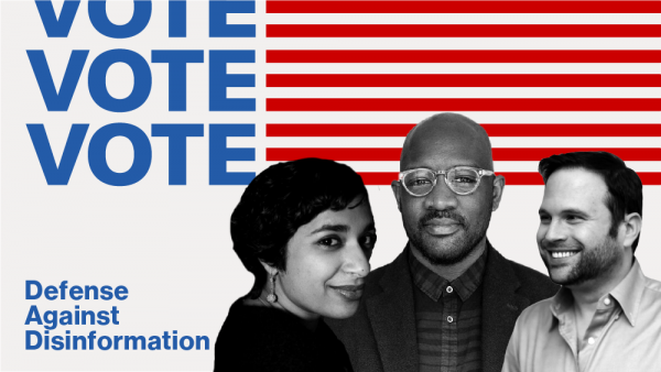 2020 Vote identity with portraits of Marc Ambinder, Andre Banks and Deepthi Welaranta